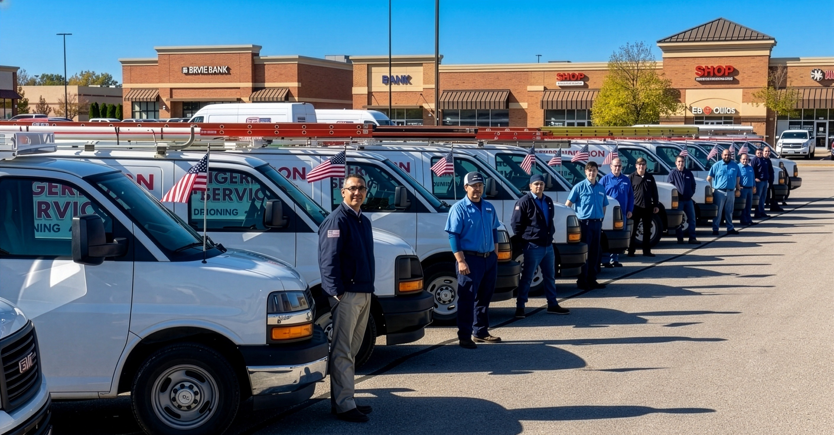 Valley Commercial Service technicians standing beside the company's fleet of service vans